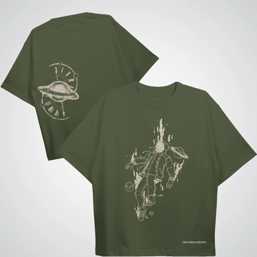 cosmic drift over sized tee — Olive Green